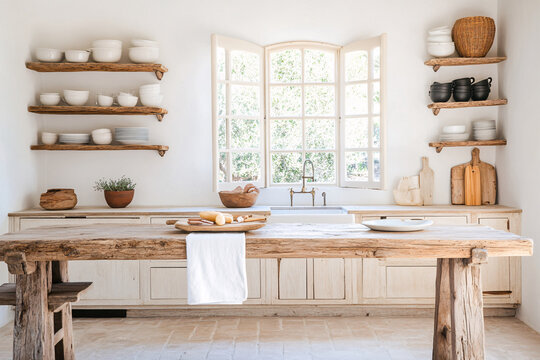 Sun-filled rustic kitchen with wooden furniture, cozy decor, and ceramic details