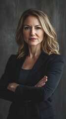 A woman in a black suit is standing with her arms crossed