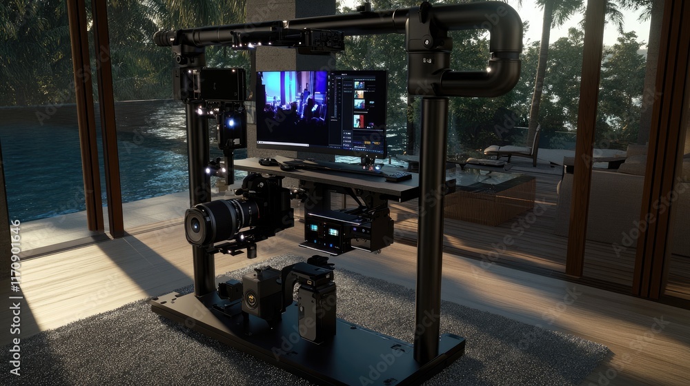 Poster a modern camera rig setup with screens for video production in a stylish environment.