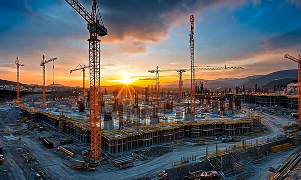 Construction site at sunset. There are many heavy equipments to be used in the construction work