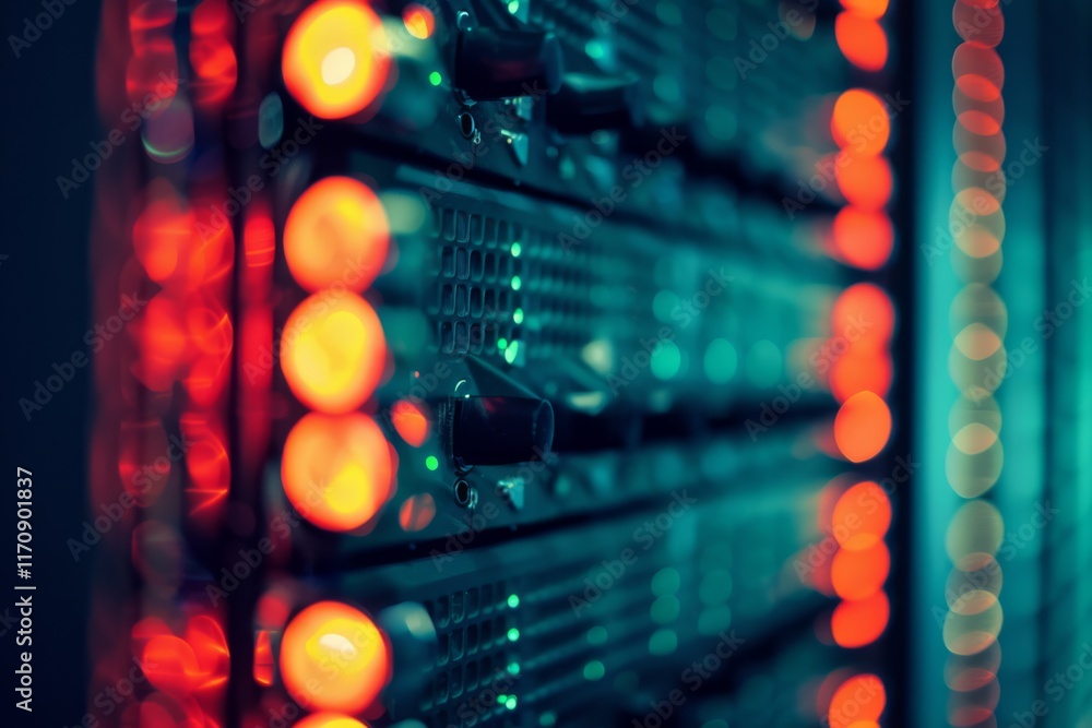 Poster red lights on a server rack in a data center