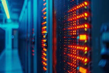 Obraz premium Red Lights in a Modern Data Center Server Room