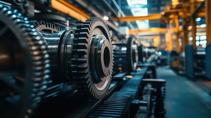 A high-tech industrial factory with rotating cogs, gears, and machinery, showcasing the seamless integration of design and technology.