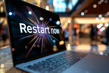 Restart Now Message on Laptop Screen with Blur Background