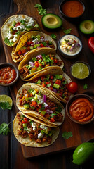 Fototapeta premium Vibrant Mexican Tacos with Diverse Toppings Celebrating Authentic Cuisine