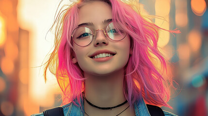 Obraz premium Vibrant High School Student with Pink Hair Smiling Brightly with Briefcase