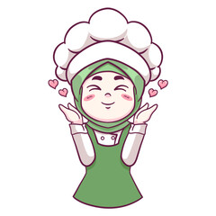Vector cute and kawaii muslim female chef wearing hijab with delicious sign cartoon chibi character
