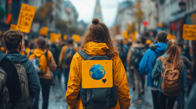Fototapeta Ecological Protest with Activists Marching for Environment, Earth and Heart Sign