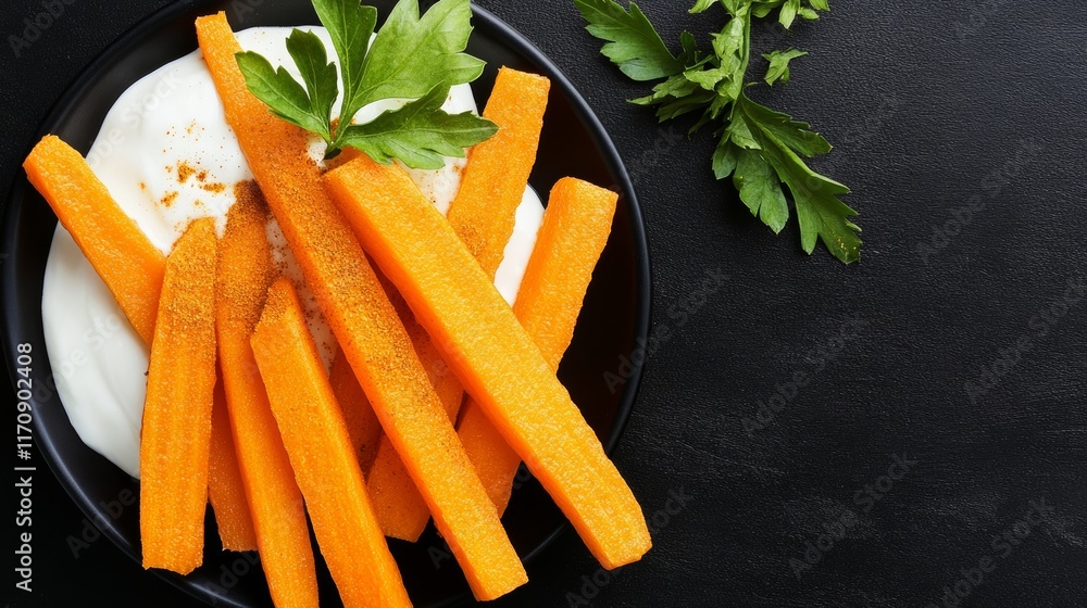 Poster plate of carrot sticks with a side of yogurt. the carrots are cut into thin strips and are arranged 