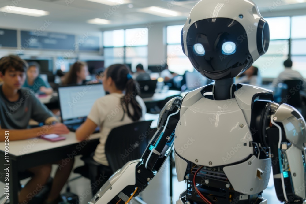 Poster robot assisting students in innovative classroom setting