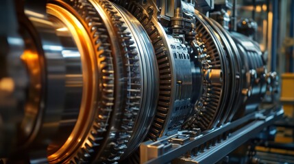 Fototapeta premium A detailed shot of a large mechanical engine, with visible rotating gears, pistons, and wheels, generating powerful energy in an industrial setting.