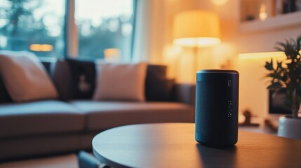 A sleek wireless Bluetooth speaker on a modern coffee table, with soft ambient lighting in the background