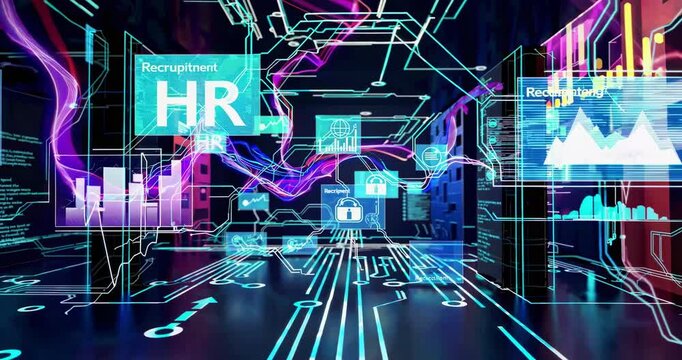 Futuristic Digital Interface with Data Streams, Graphs, and Cybersecurity Icons in a Virtual Technology Environment Representing Big Data, Human Resources, and Network Connectivity
