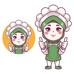 Vector cute and kawaii muslim female chef wearing hijab with delicious sign cartoon chibi character
