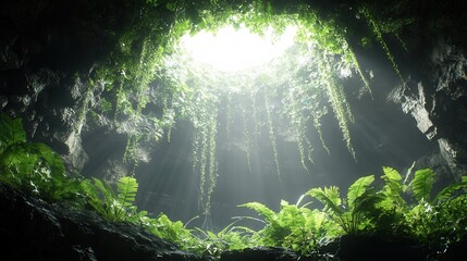 Naklejka premium Lush plants thriving in a large cave with light streaming through a void above, serene and mystical