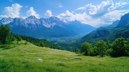 Italian Flag Waving Boldly Against the Breathtaking Backdrop of Majestic Mountains and Vibrant Green Valleys in a Picturesque Countryside Landscape