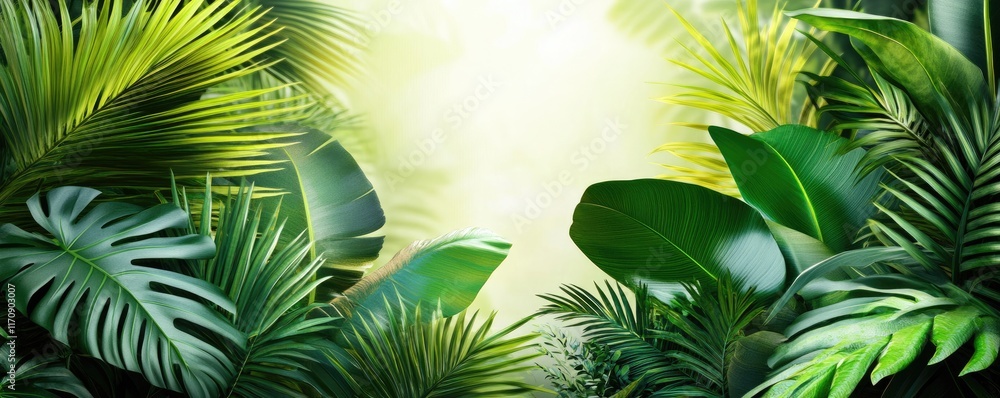 Poster lush green foliage with soft light filtering through, creating a serene jungle atmosphere.