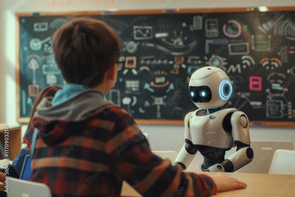 Poster robot teacher engaging with student in classroom setting