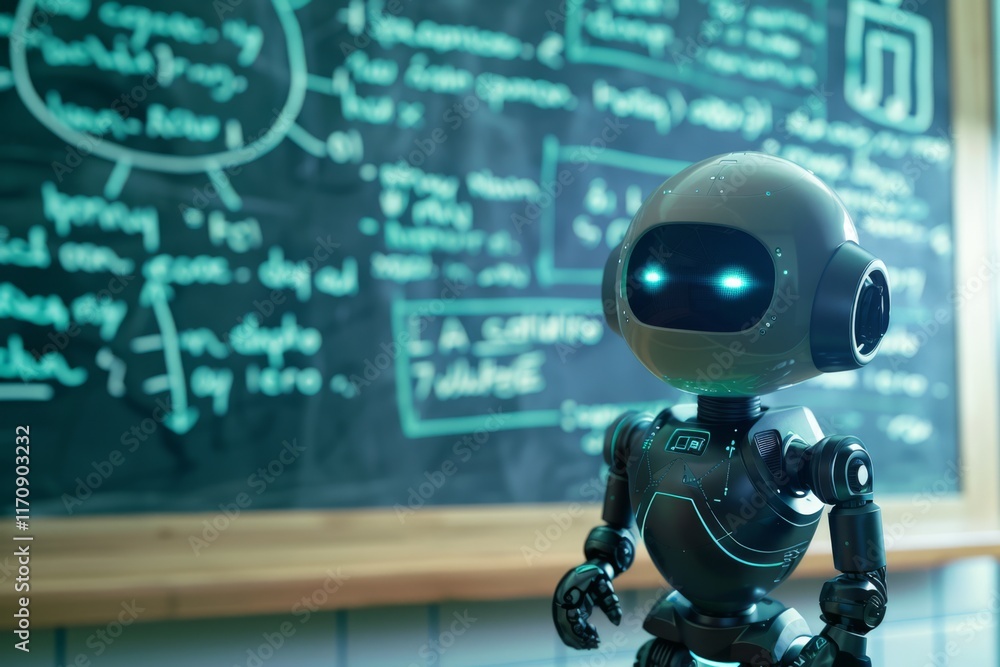 Poster robot teacher in classroom with chalkboard and notes