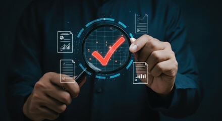 Businessman holding magnifying glass over digital checkmark and data