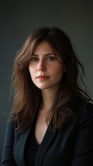 Fototapeta premium A woman with long brown hair is wearing a black jacket