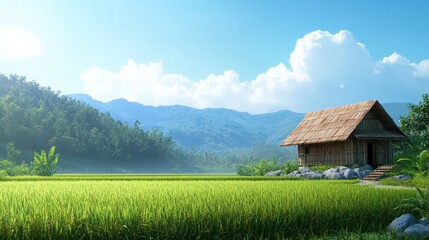 Fototapeta premium Tranquil Bamboo Hut Amidst Lush Rice Paddy Fields and Mountains