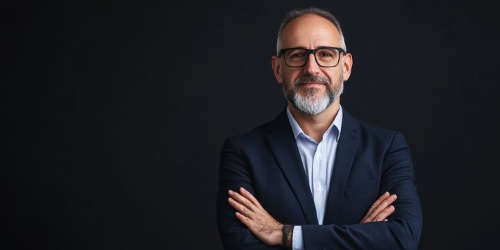 A man in a suit and glasses is standing in front of a black background