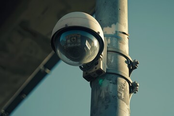 Fototapeta premium Security Camera on Urban Pole in City Landscape