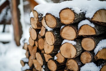 A pile of logs covered in snow