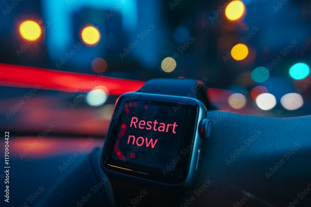 Poster smartwatch screen displaying restart message at night