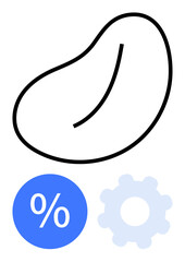 Black bean outline with slight inner line, light blue gear symbol, blue percentage sign. Ideal for finance, growth, technical settings, business operations, process improvement, data analysis