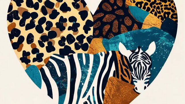 Animal pattern art in heart shapes with bold textures and colors