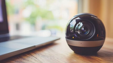 High resolution photograph of modern camera on wooden desk