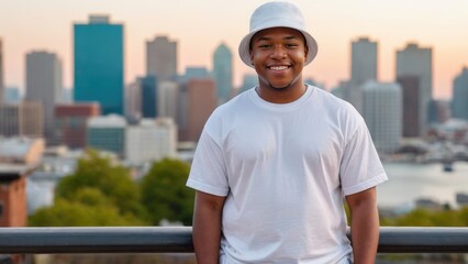 Plus size black teenage boy wearing white t-shirt and white bucket hat standing on cityscape background