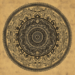 Ornate vintage circular mandala with intricate floral patterns in monochrome on a beige background, elegant and detailed