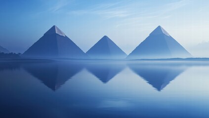 Three pyramids are reflected in the water