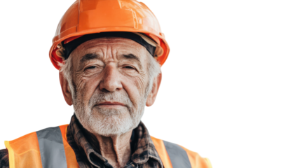 Portrait of an Experienced Old Man Wearing a Construction Worker’s Helmet, Symbolizing Wisdom and Experience in the Construction Industry.