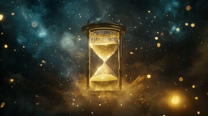 A golden hourglass is suspended in the air, surrounded by a cloud of smoke