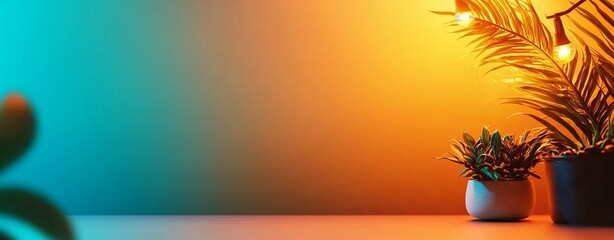 A vibrant scene featuring potted plants against a gradient backdrop of blue and orange, illuminated by warm string lights, creating a cozy atmosphere.