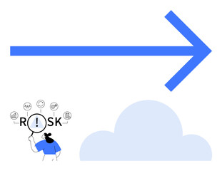Large blue arrow pointing forward, cloud illustration, person examining RISK icon. Ideal for business strategy, risk management, progress, future planning, cloud technology, growth abstract line