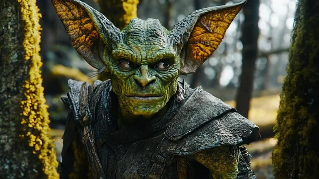 Close-up of a fantasy creature, a goblin or gremlin, with large ears, in a dark forest setting.