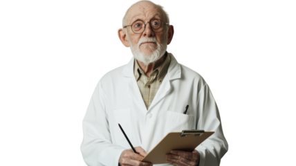Senior Scientist in a Lab Coat Holding a Clipboard, Ideal for Educational and Research Presentations in the Scientific Community.