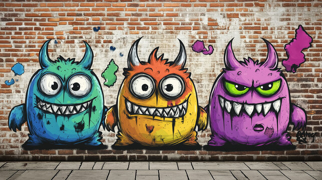 Colorful graffiti of three playful monsters on a brick wall