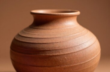 closeup of handcrafted ceramic vase against warm brown background, emphasizing texture and earthy tones. interior design inspiration, traditional art, pottery collection