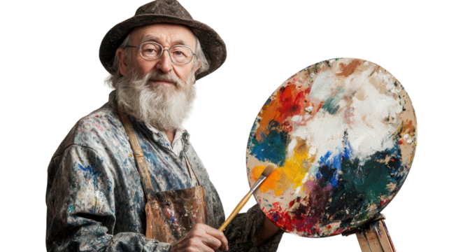 An Old Man in a Painter's Smock Holding a Palette, Perfect for Art Workshops, Creative Classes, and Inspirational Projects. - Powered by Adobe