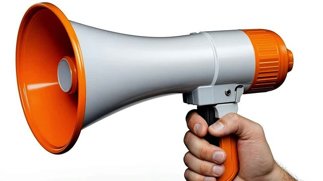 Close-up of a hand holding an orange and white megaphone, isolated on white background.
