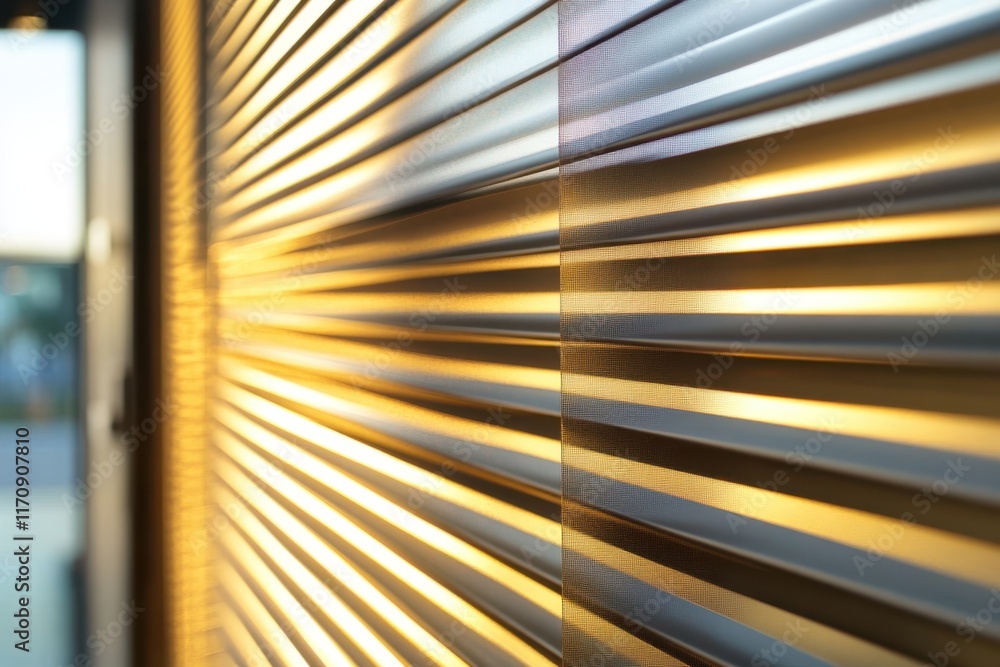 Poster light filters through blinds creating patterns in a modern interior setting during sunset