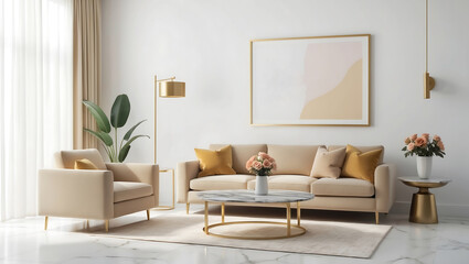 Mock up poster frame in modern interior background, living room. 3D illustration