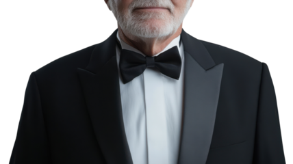 An Elegant Portrait of an Elderly Gentleman Dressed in a Traditional Tuxedo, Perfect for High-Class Events and Celebrations.