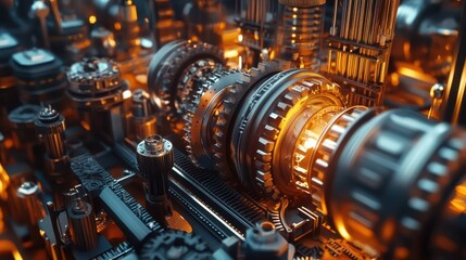 Obraz premium A dynamic factory scene with large machines and rotating gears, cogs, and wheels, generating a vibrant flow of energy and motion.